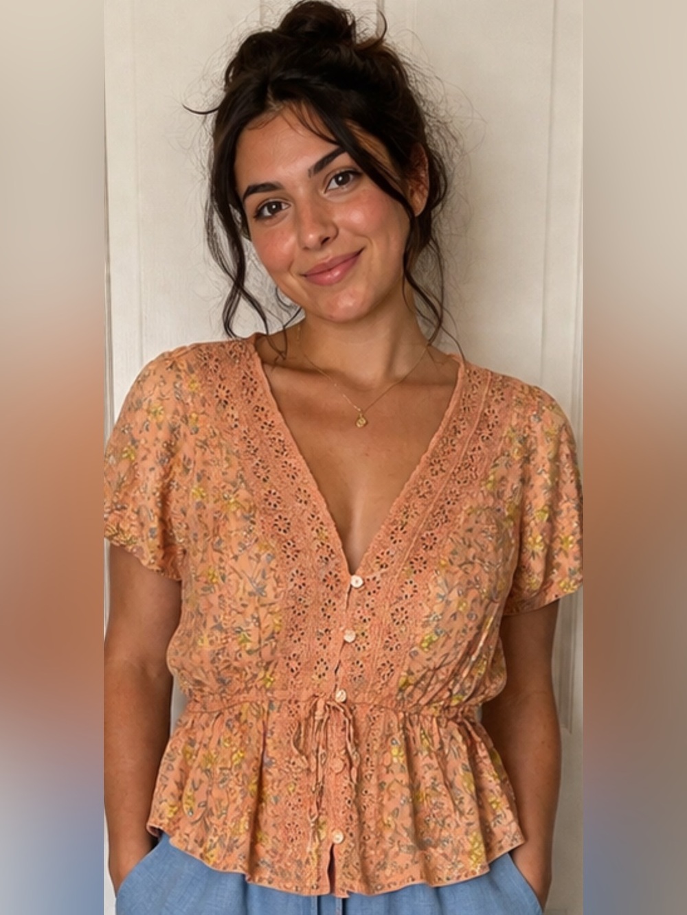 American Eagle Outfitters Floral Lace Blouse - Peach